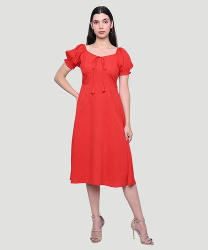 Indusvale Women's Red Solid Regular Fit A-line Midi Dress